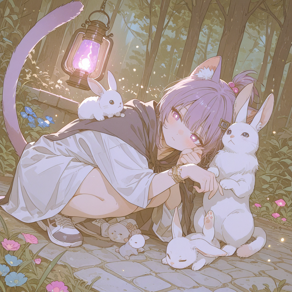 1girl,single,solo, white stuffed toy,,bracelet,jewelry,ponytail,dark purple eyes,purple hair,cat tail,cat ears,bright pupils
,,,gentle world,nerd, perfect anatomy,
[:fit,petite,small chest:8], (perspective:1.4), (, teen, teenage, young:1.3),
BREAK
score_9,score_8_up,score_7_up,score_6_up, animal ears, solo, purple hair, cat tail, tail, cat ears, purple eyes, hair ornament, blush, topknot, cat girl, animal ear fluff, hair bobbles
BREAK
colorful,many colors,intricate details,(((masterpiece))),Masterpiece,masterpiece,(masterpiece:1.2),(best quality:1.2),best quality,(((best quality))),((ultra-detailed)),(ultra-detailed),(top quality),(detailed light),((an extremely delicate and beautiful)),(beautiful detailed eyes),(glowing eyes:1),,<lora:Kenva:0.7>,knva,<lora:add-detail-xl:0.7>,<lora:Shine_colorful_XL_15E2B3A3C_RT:0.5>,<lora:huoyanjingling_XL:1>,
BREAK
(stuffed toy, soft plush, colorful prizes, gamer pride:0.9),   <lora:748cmSDXL:0.5> <lora:ponyv6_noobV1_2_adamW:0.4>
score_9,score_8_up,score_7_up,score_6_up, female type, purple eyes, purple hair, cat tail, cat ears, ponytail,(from side:0.8),(Surreal fantasy theme, adorable woodland creatures with large, sparkling eyes, small rabbits, foxes, and birds, playing in a magical forest clearing, glowing mushrooms and fireflies, sunlight beams filtering through the trees, soft pastel colors, dreamlike atmosphere, whimsical, max details, perfect lighting, ultra sharp focus, best quality, high contrast, stylized, ultra quality, 8k, masterpiece:1.2),
BREAK
  crouching on a cobblestone street under a lanternâs glow at midnight, hoodieed cloak concealing her face partially, dagger in hand, mysterious atmosphere with fog rolling in