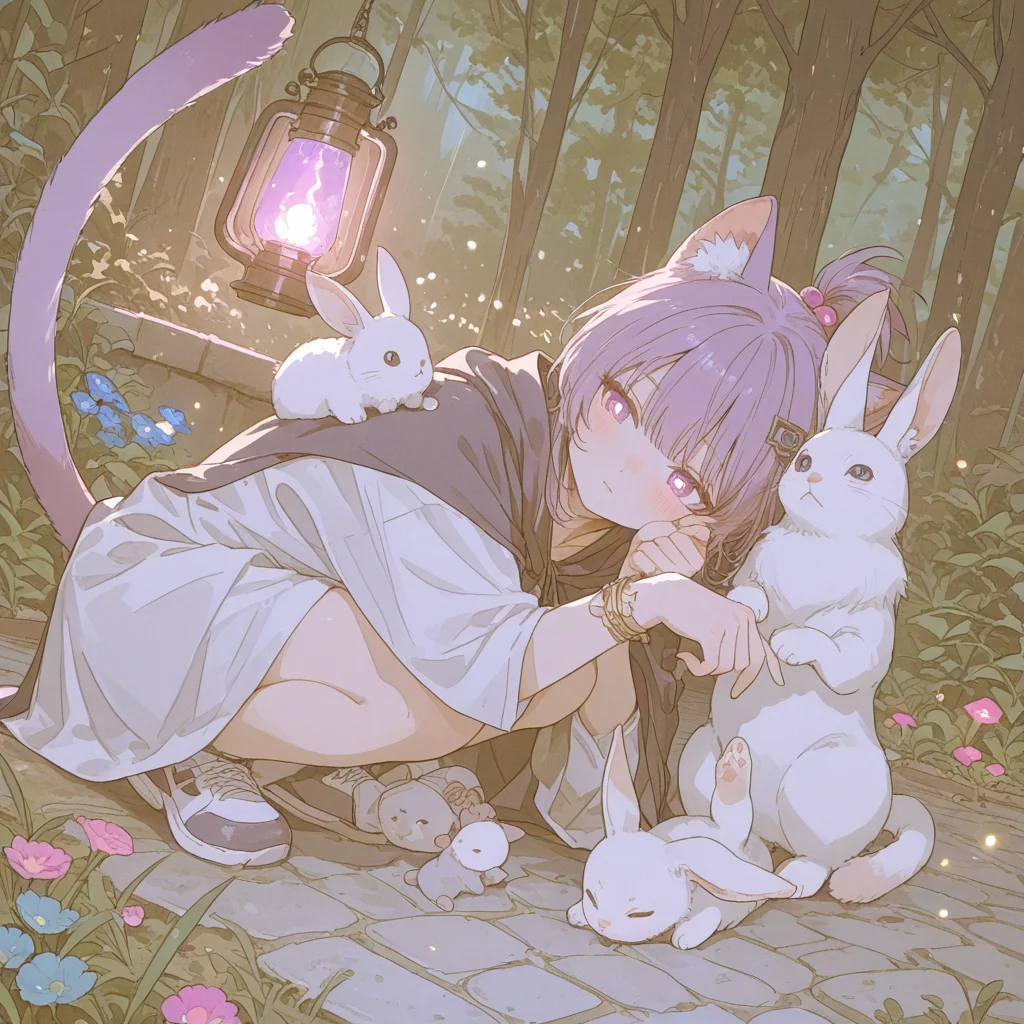 1girl,single,solo, white stuffed toy,,bracelet,jewelry,ponytail,dark purple eyes,purple hair,cat tail,cat ears,bright pupils
,,,gentle world,nerd, perfect anatomy,
[:fit,petite,small chest:8], (perspective:1.4), (, teen, teenage, young:1.3),
BREAK
score_9,score_8_up,score_7_up,score_6_up, animal ears, solo, purple hair, cat tail, tail, cat ears, purple eyes, hair ornament, blush, topknot, cat girl, animal ear fluff, hair bobbles
BREAK
colorful,many colors,intricate details,(((masterpiece))),Masterpiece,masterpiece,(masterpiece:1.2),(best quality:1.2),best quality,(((best quality))),((ultra-detailed)),(ultra-detailed),(top quality),(detailed light),((an extremely delicate and beautiful)),(beautiful detailed eyes),(glowing eyes:1),,<lora:Kenva:0.7>,knva,<lora:add-detail-xl:0.7>,<lora:Shine_colorful_XL_15E2B3A3C_RT:0.5>,<lora:huoyanjingling_XL:1>,
BREAK
(stuffed toy, soft plush, colorful prizes, gamer pride:0.9),   <lora:748cmSDXL:0.5> <lora:ponyv6_noobV1_2_adamW:0.4>
score_9,score_8_up,score_7_up,score_6_up, female type, purple eyes, purple hair, cat tail, cat ears, ponytail,(from side:0.8),(Surreal fantasy theme, adorable woodland creatures with large, sparkling eyes, small rabbits, foxes, and birds, playing in a magical forest clearing, glowing mushrooms and fireflies, sunlight beams filtering through the trees, soft pastel colors, dreamlike atmosphere, whimsical, max details, perfect lighting, ultra sharp focus, best quality, high contrast, stylized, ultra quality, 8k, masterpiece:1.2),
BREAK
  crouching on a cobblestone street under a lanternâs glow at midnight, hoodieed cloak concealing her face partially, dagger in hand, mysterious atmosphere with fog rolling in