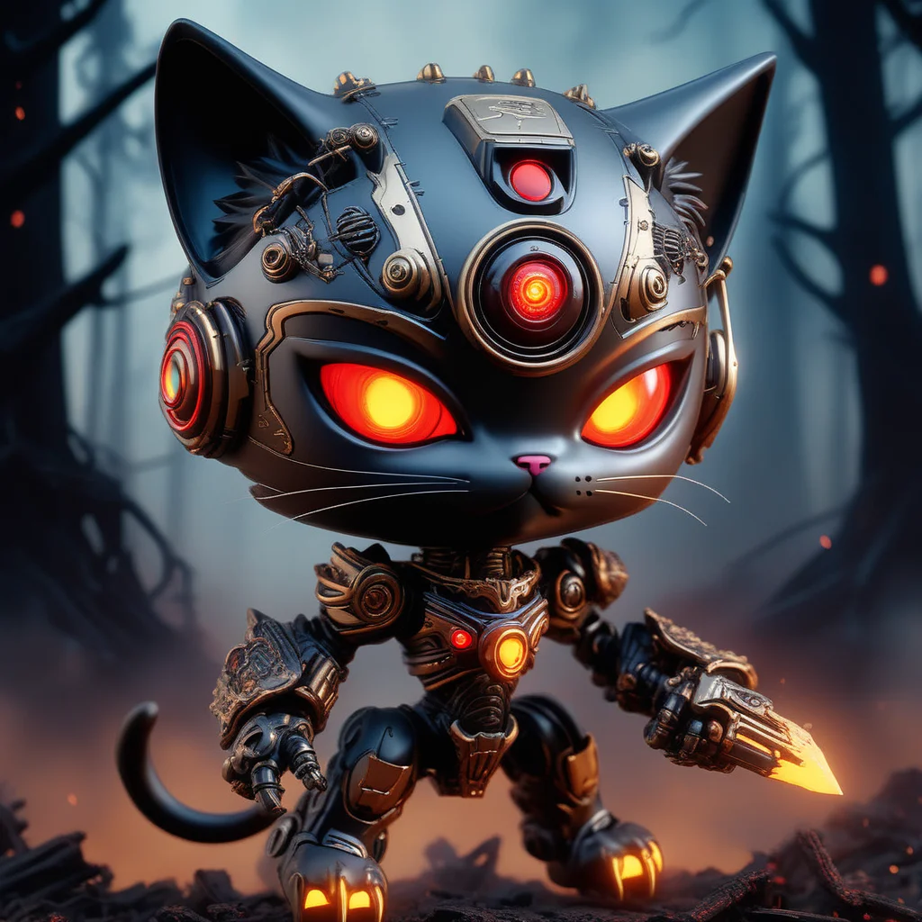 Alien-themed <lora:Meowpocalypse:1> meowpocalypse, A small but fierce chibi anime cat, its armor decorated with salvaged trinkets from the old world, battles a robotic sentinel in the middle of a scorched forest. The intense glow of the sentinelâs red eye contrasts with the warm, amber light streaming through the smog-filled sky. The camera zooms in on the catâs determined expression, capturing the detail of its scratched visor and the faint hum of its cybernetic enhancements, while the burned tree trunks around them form a dark, skeletal frame for the chaotic battle. . Extraterrestrial, cosmic, otherworldly, mysterious, sci-fi, highly detailed