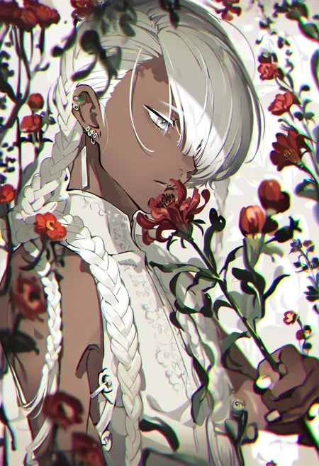 flower, solo, white hair, dark skin, holding, holding flower, braid, hair over one eye, sleeveless, earrings, long hair, jewelry, upper body, blurry, hair over shoulder, grey eyes, male focus, bare shoulders, white eyes, red flower, 1boy, white dress, ear piercing, depth of field, dark-skinned female, piercing <lora:yoneyamaiXL_NBVP1_lokr_V6311P:0.95>