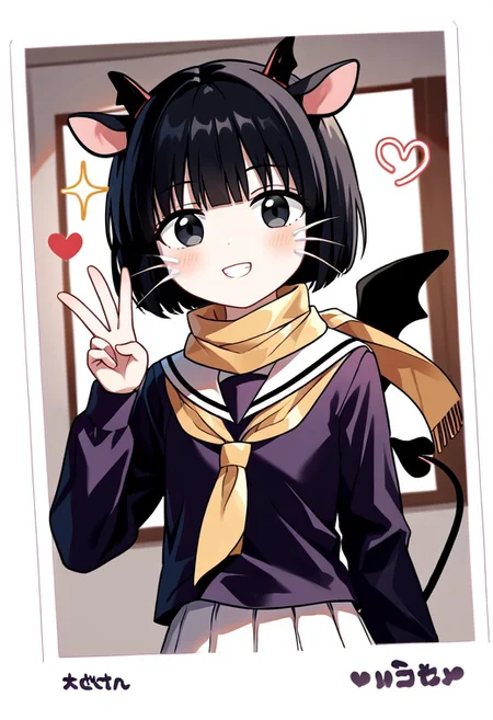 Score_9, score_8_up, score_7_up, score_6_up, score_5_up, score_4_up, alone, 1girl, Manako, short black hair, pony ears, flat chest, long tail, (Black eyes: 1.2)
Skirt, pleated skirt, serafuku, white skirt, long shirt, purple shirt, sailor collar, white sailor collar, long sleeves, scarf, yellow scarf, knee-high socks, pantyhose
<lora:purikura-ponyxl-lora-nochekaiser:1> purikura, looking at viewer, blush, smile, teeth, heart, sparkle, white border, drawn hearts, drawn whiskers, drawn ears, drawn horns, face filter, drawn wings, drawn tail, peace sign, photo (object), solo, cowboy shot, dutch angle,, ,