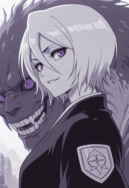 1girl, rukia kuchiki, Shinigami Outfit,
 (black eyeshadow:0.8),  thick eyelashes, 
monochrome, greyscale, 
white hair, ringed eyes, upper body,  from side, sideways glance, from side, looking at viewer, smirk, monster, glowing pale purple eyes, from below, looking down,
masterpiece, best quality, amazing quality,
sketch, unfinished, messy lineart, 
(in style of tite kubo:2)