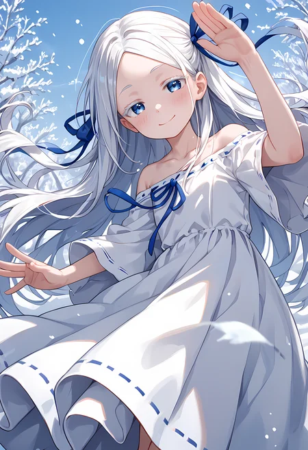 ,score_9, score_8_up, score_7_up, score_6_up, score_5_up, score_4_up,an anime style image of a woman wearing a white dress with blue ribbons on her head,white eyebrow, colored eyelashes, 1girl, solo, ribbon, dress, long hair, blue eyes, hair ribbon, parted bangs, blue ribbon, white dress, smile, bangs, right off shoulder, collarbone, blush, very long hair <lora:pandora_pony:0.8>white skin,detailed background,blue sky,snowy,evil smile,head on side,half closed eyes,flying,
skirt waving in the wind,from below, transperent dress,,