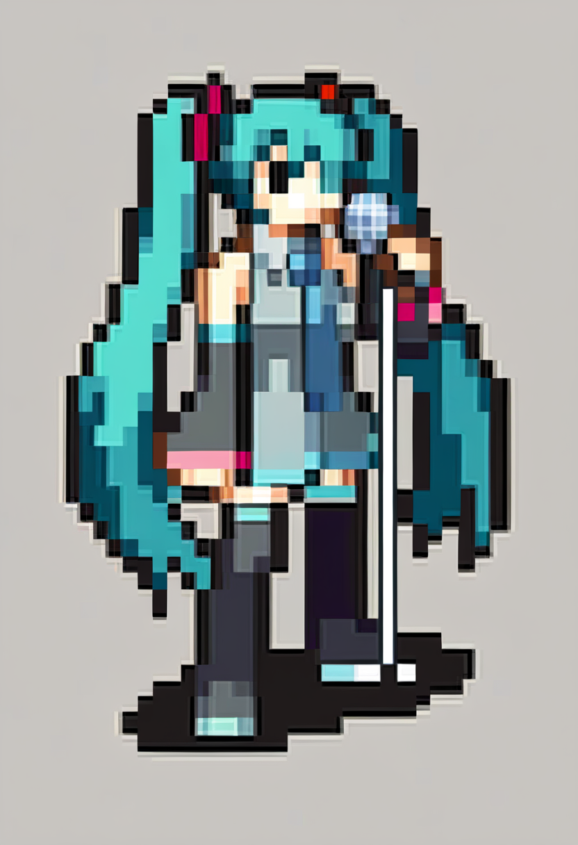 score_9, score_8_up, score_7_up, source_anime, BREAK, solo, 1girl, full body, standing,  <lora:FEGBA-SpritesV2-pdxl_Fp:1>, simple background, pixel art, hatsune miku, microphone, holding microphone, detached sleeves,