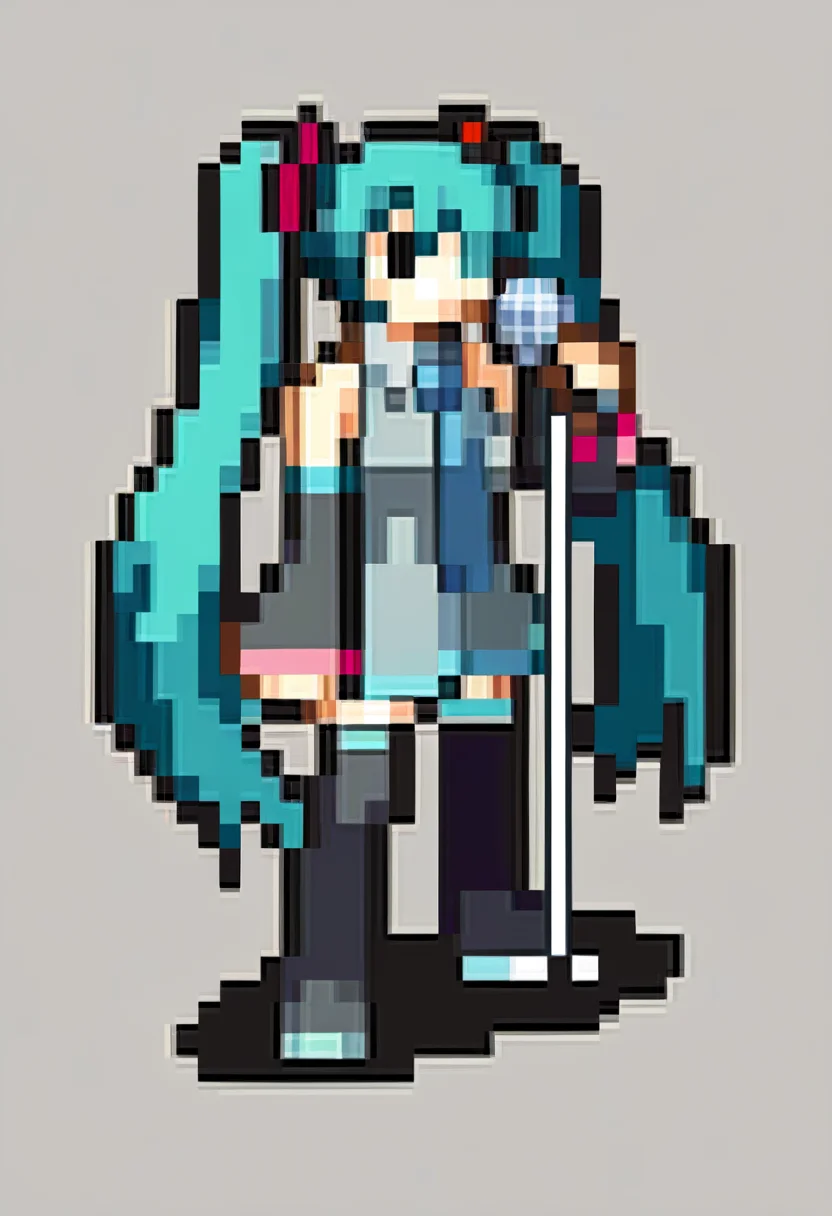 score_9, score_8_up, score_7_up, source_anime, BREAK, solo, 1girl, full body, standing, <lora:FEGBA-SpritesV2-pdxl_Fp:1>, simple background, pixel art, hatsune miku, microphone, holding microphone, detached sleeves,