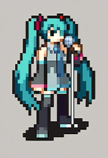 score_9, score_8_up, score_7_up, source_anime, BREAK, solo, 1girl, full body, standing, <lora:FEGBA-SpritesV2-pdxl_Fp:1>, simple background, pixel art, hatsune miku, microphone, holding microphone, detached sleeves,
