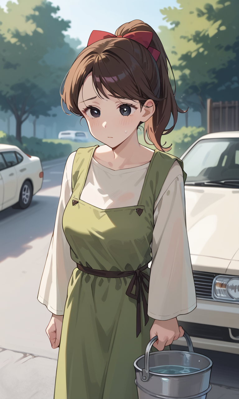 (1girl:1.5), (solo:1.3), (score_9, score_8_up, score_7_up, score_6_up, score_5_up, score_4_up), (source_anime), rating_questionable,
 (black eyes, dark blue pupils, eyelashes, brown hair, swept bangs, long hair, sad), <lora:shin-derayla-maid_v1:1> (shin-derayla-maid), (ponytail, red hair bow, green dress, pinafore dress, miniskirt, long sleeves shirt, wide sleeves), (large breasts),
outdoors, car, holding bucket, water in bucket,