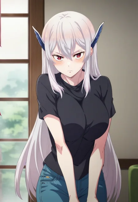 kyouka uzen, long_hair, 1girl, solo, white_hair, red_eyes, hair_between_eyes, large_breasts, blush, looking at viewer,<lora:Kyouka UzenXL:1>black_shirt, short_sleeves, denim jeans, score_9, score_8_up, score_7_up, score_6_up, score_5_up, score_4_up ,BREAK source_anime, anime