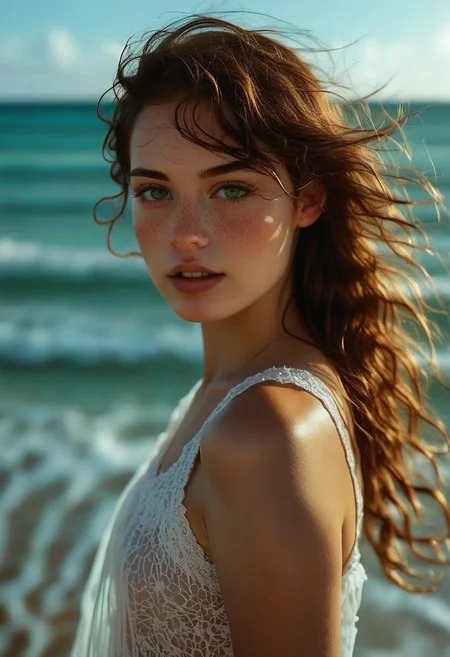 neoteny, small mouth, large eyes, wideset eyes, barely, freckles, clothed, skinny, round face, european, portrait, beach, ocean, depth of feild, 1girl, solo, long hair, looking at viewer, upper body, parted lips, brown hair, lips, realistic, outdoors, blue eyes, day, depth of field, green eyes, nose, bare shoulders, eyelashes, messy hair, sleeveless, photorealistic, see-through, teeth, eyebrows, white dress, dress, small breasts, wavy hair