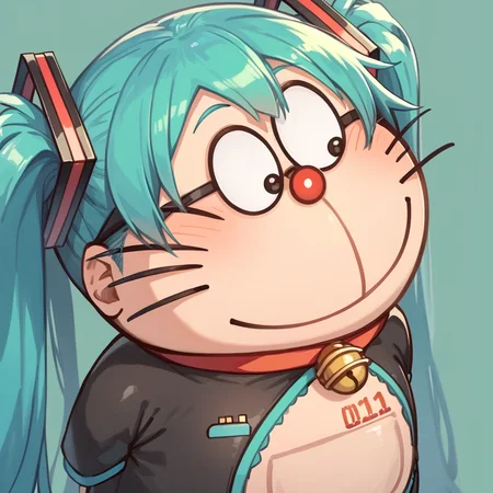 score_9_up, score_8_up, score_7_up, score_6_up, <lora:DoraemonStareXL_Pony3:1.1>, DoraemonStare, doraemon, alternate costume,
hatsune miku \(cosplay\), twintails,
high detail, upper body, green background, (smile:1.1), rating_safe, sfw, masterpiece, newest, absurdres