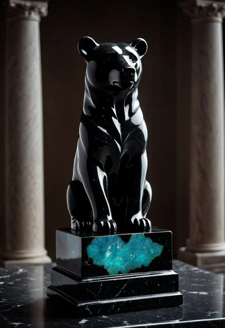 Fujifilm XT3, Sony A7 IV, (award winning photography) a (black: 0.79) marble simple (stylized: 1.49) (bear) statue made of opal (Kintsugi: 0.89) set on a pedestal in temple, glistening. in the background beautiful pillars, divine (iridescent: 0.79), opalescent textures, volumetric light, ethereal, sparkling, studio photo, highly detailed, sharp focus (highest quality: 1.39) (highest coherency: 1.39) (award winning photography), highly detailed photography, (muted colors, cinematic, dim colors, soothing tones:1.2), vibrant, insanely detailed, hyperdetailed, (dark shot:1.2), (vsco:0.3), (intricate details:0.9), (hdr, hyperdetailed:1.2) (vignette), sss, raw photo, fijifilm, kodak, cinematic film grain, mesopotamian, babylonian
