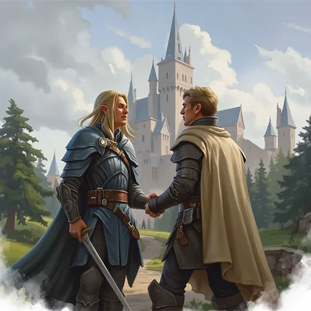 dndstyle illustration of two characters, castle in the background