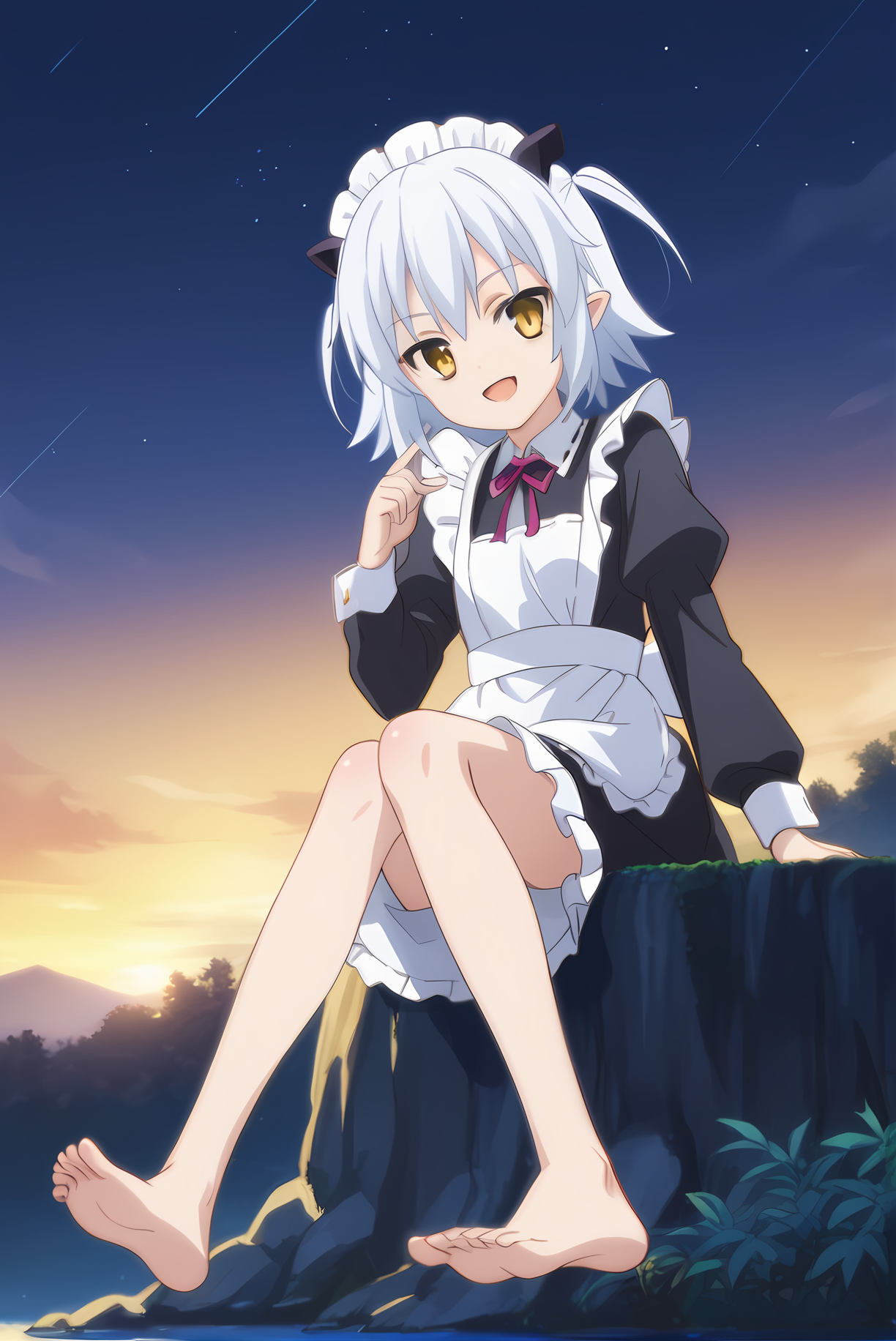 (maid apron), mt-shiroyasha, white hair, yellow eyes, short horns, 1girl, solo, skinny, feet, (score_9, score_8, score_7), source_anime, happy, (night sky), (1.3::full body|sitting|standing|lying|0.6::close-up| :1.20), <lora:mt-shiroyasha-V01-000003:0.70>