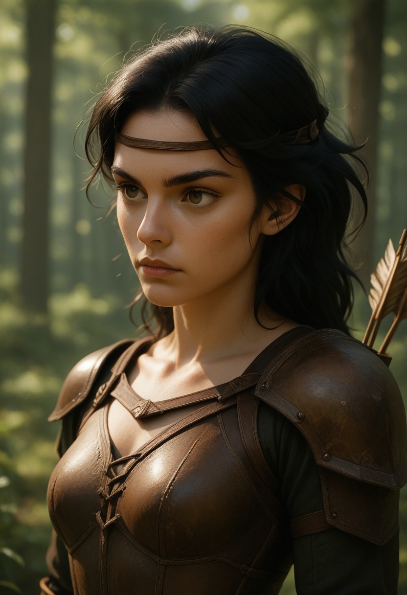 (((score_9, score_8_up, score_7_up, upper body, pretty, beautiful)))
, 
((( masterpiece, complicated shadows, high quality shadows, midday lighting)))
,
((( Mephalamb2, black hair, Quiver, arrow (projectile), armor, breasts, Shoulder armor, )))
,
((( 1girl, solo )))
,
((( Blurred background)))
,
((( Wood, outdoors ))) 
,
((( )))
,
((( )))