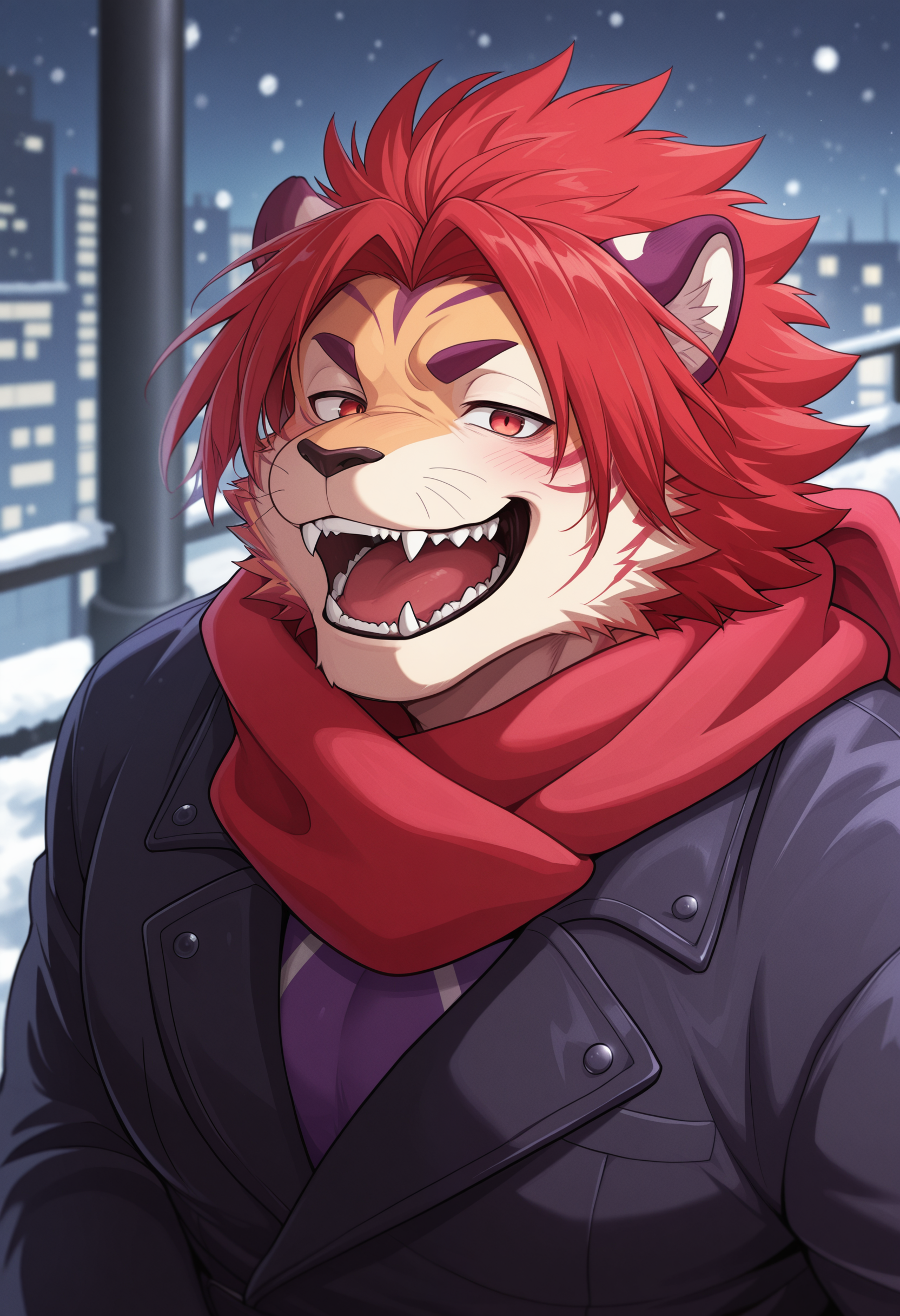 masterpiece, best quality, amazing quality, 1boy, solo, NomadTAS, Jacket, Red Scarf, smile, teeth, fangs