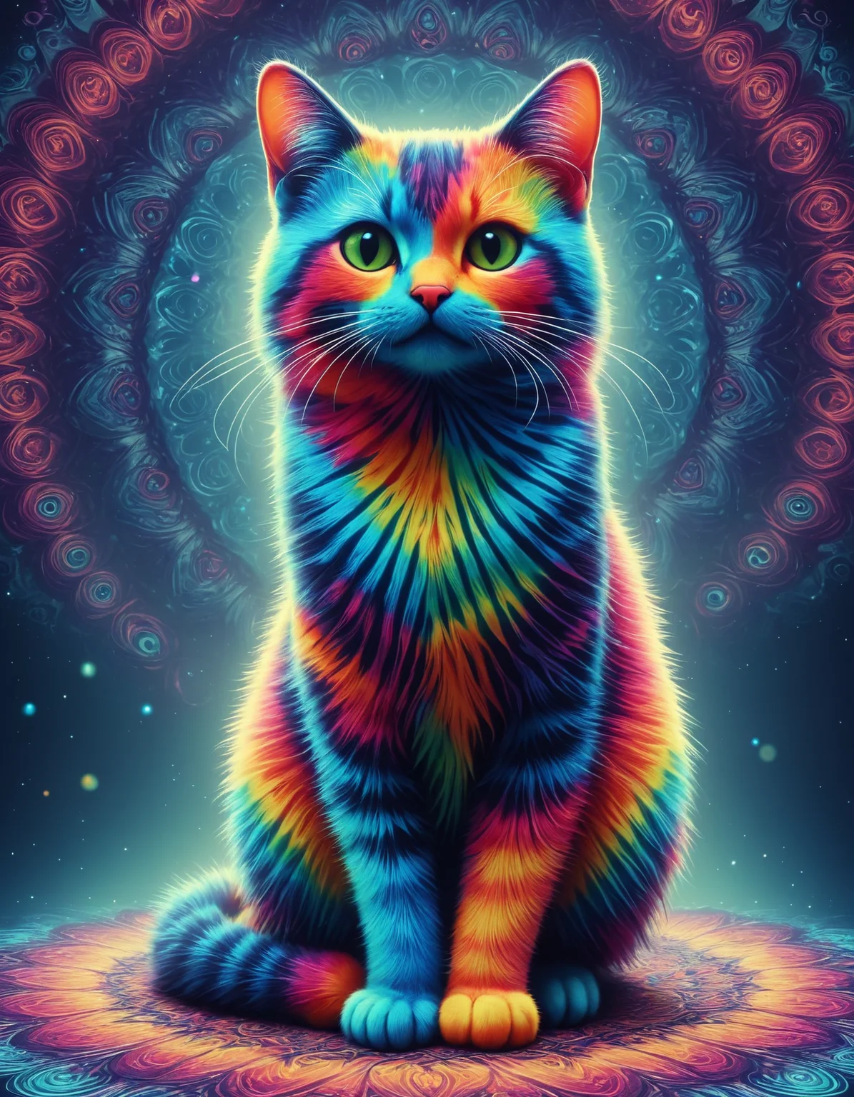 <lora:EPtiedyeworldSDXL-15:1> , blurry background, hyper detailed, EPtiedyeworld, psychedelic, funky, retro, multicoloured, an adorable cat holding a fish