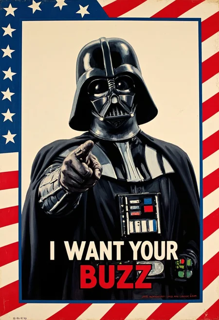 a painting of darth vader from star wars pointing at the camera in the style of james-montgomery-flagg and uncle sam, text below him reads, "I WANT YOUR BUZZ", borders of the picture made of american flag colors