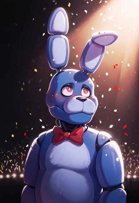 masterpiece, best quality, amazing quality, very aesthetic, absurdres, newest, detailed background,
bonnie, rabbit ears, red bowtie,, 1boy, joints, animatronic
blue skin, stage lights , on stage, confetti, upper body,