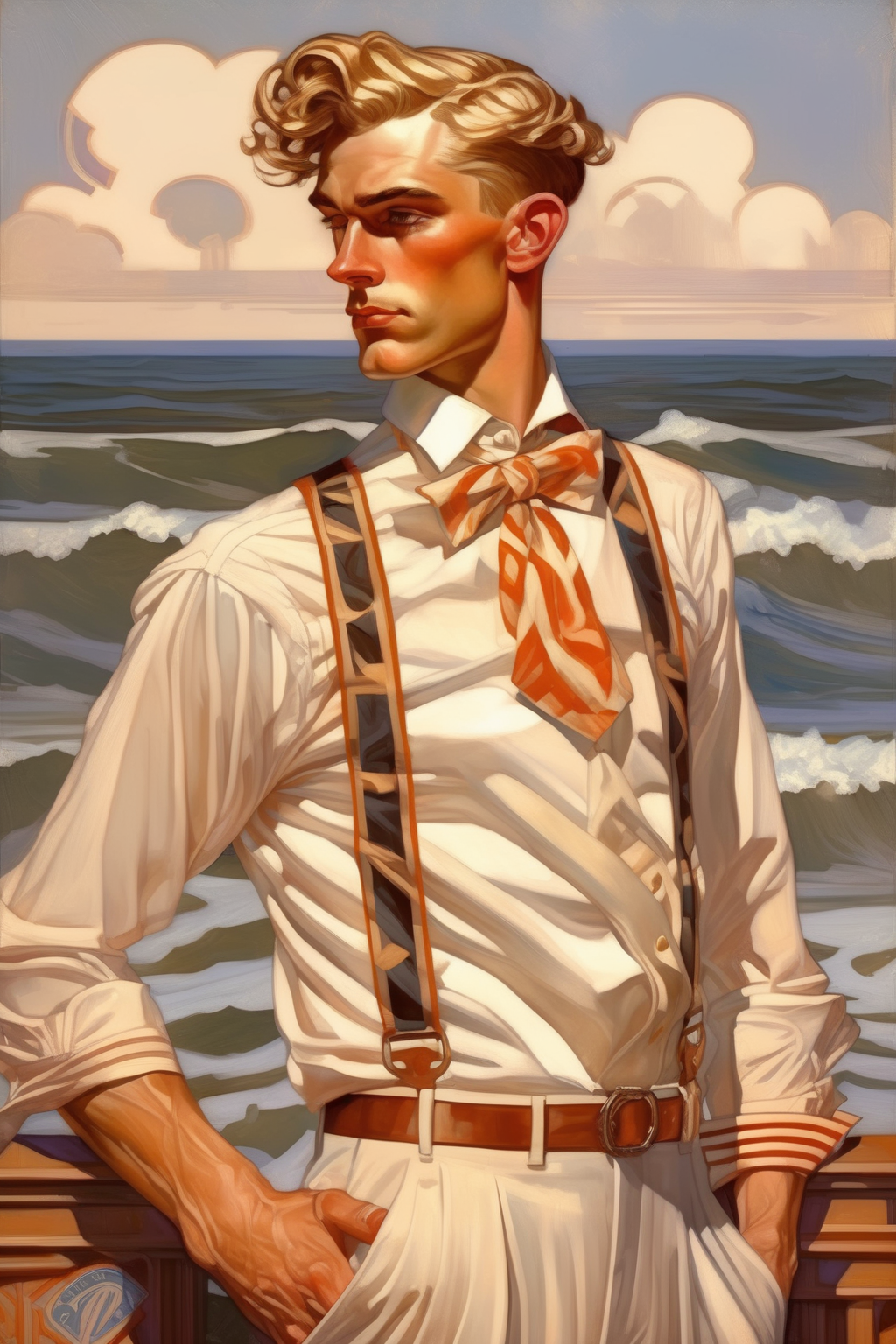 <lora:J.C. Leyendecker Style:1>J.C. Leyendecker Style - Maldy guy beautiful interesting. It stands beautifully dressed in a modern way, and the sea surrounds it at the foot. Painting done in the style of Joseph Christian Leyendecker