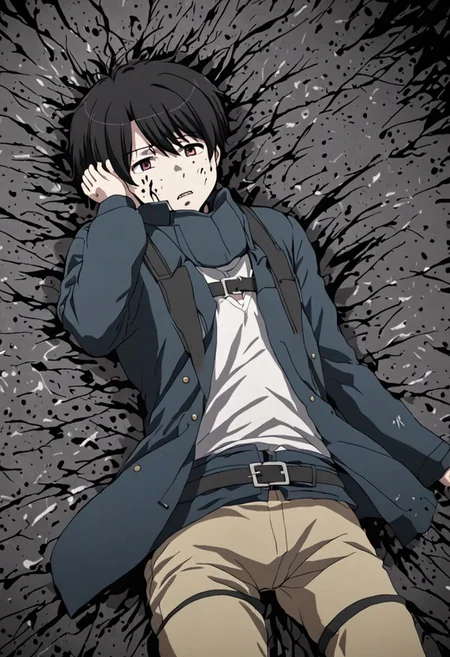 high resolution, solo, best quality, 1Boy, Inaho Kaizuka, Black Hair, fell down, revenged, dying, OverallDetail