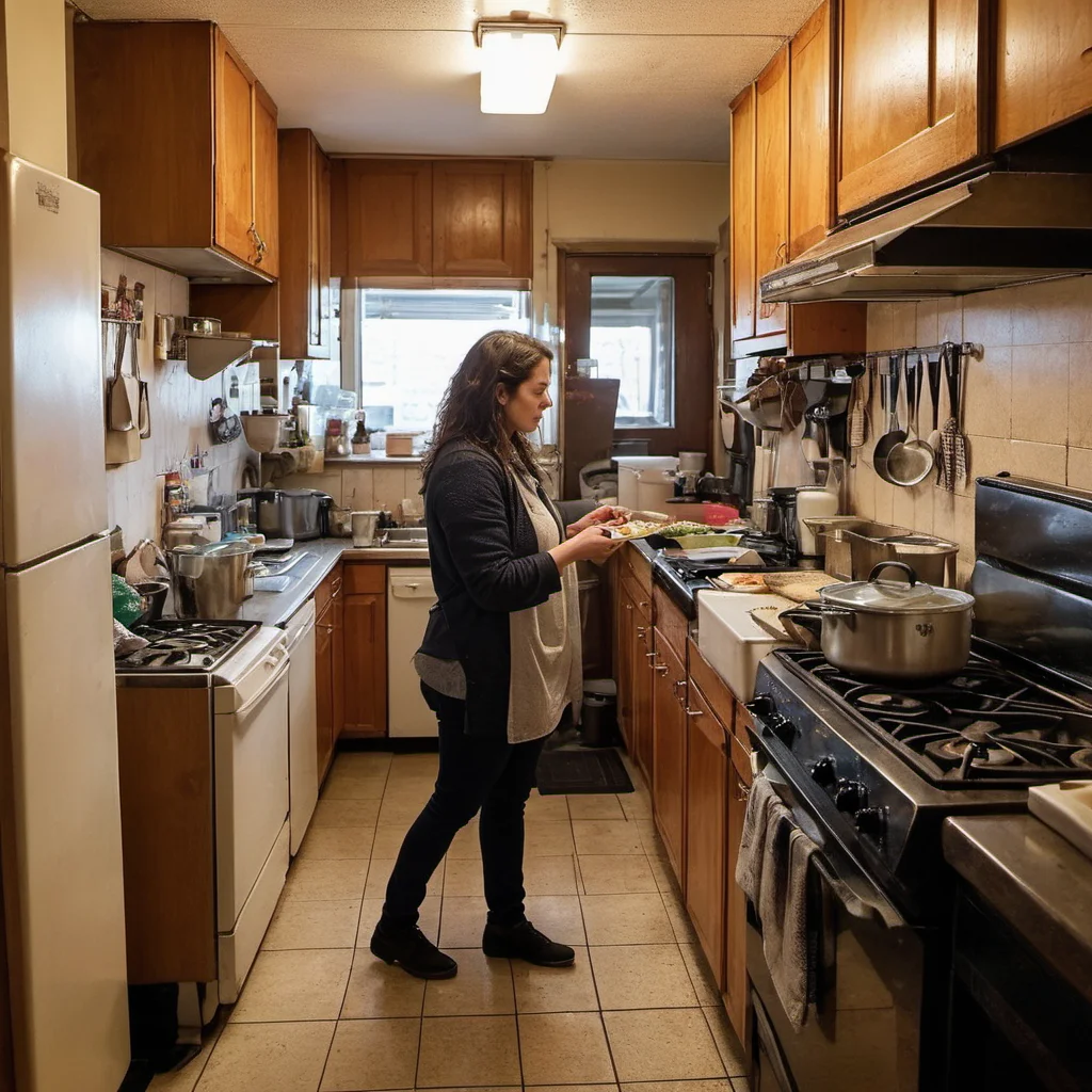 photo of a woman in her 20s cooking in a cramped apartment kitchen <lora:test-session-1:1>