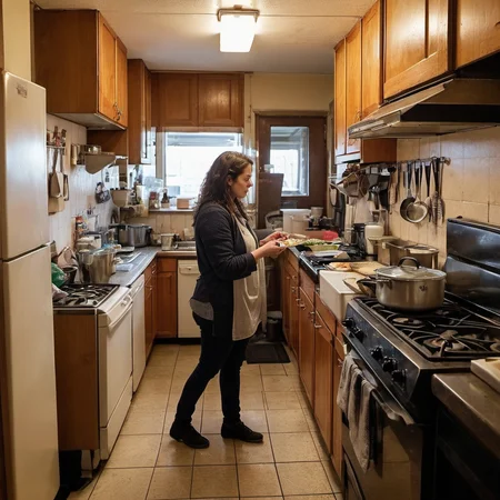 photo of a woman in her 20s cooking in a cramped apartment kitchen <lora:test-session-1:1>