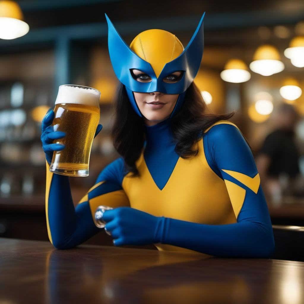 cinematic photo a woman with a mask and a blue and yellow bodysuit and claws having a beer in a pub <lora:X-23-1024:0.8> . 35mm photograph, film, bokeh, professional, 4k, highly detailed
