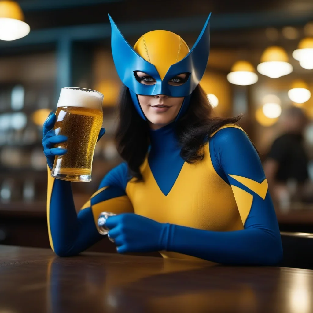 cinematic photo a woman with a mask and a blue and yellow bodysuit and claws having a beer in a pub <lora:X-23-1024:0.8> . 35mm photograph, film, bokeh, professional, 4k, highly detailed