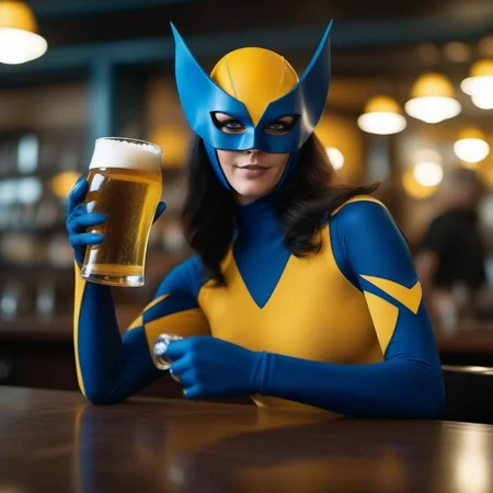 cinematic photo a woman with a mask and a blue and yellow bodysuit and claws having a beer in a pub <lora:X-23-1024:0.8> . 35mm photograph, film, bokeh, professional, 4k, highly detailed