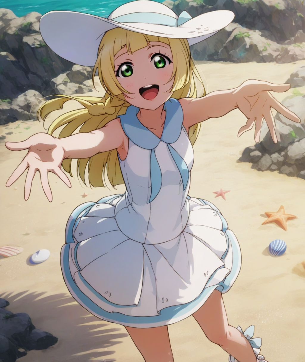 lillie \(pokemon\), love live!, blonde hair, green eyes, white dress, sleeveless, standing, looking at viewer, sun hat, open mouth, outstretched arms, beach, happy
BREAK
score_9, score_8_up, score_7_up, score_6_up, source_anime <lora:LLChar_Pony-000020:0.9>