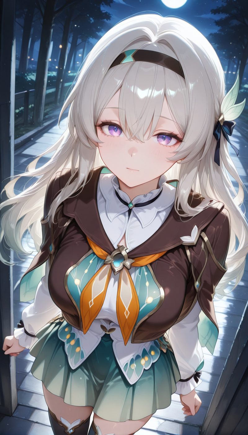 <lora:LCMTurboMix_Euler_A_fix:1> <lora:example_SDXL:0.3>, EZRealPONYXL, <lora:Dramatic Lighting Slider:3> 
DSLR,realistic,cosplay photo, (very awa,masterpiece,best quality,year 2024,newest,absurdres,highres:1), realistic,skin texture,facial features, photography shot with Canon EOS 5D Mark IV , realistic, RAW, best quality, masterpiece, amazing quality, skin details,
1girl, highly detailed beautiful face, large natural breasts,
detailed background, shiny skin, dutch angle, night, moonlight,
beautiful detailed eyes, intricate details, absurdres, anime screencap,
 <lora:Hotaru_HonkaiStarRail_ILXL_kill0825:1>
HSHotaru, long hair, breasts, large breasts, hair ornament, ribbon, hair between eyes, purple eyes, white hair, grey hair, sidelocks, hairband, hair intakes, black hairband, bow, hair bow, multicolored hair, 
shirt, skirt, long sleeves, white shirt, pleated skirt, black thighhighs, miniskirt, neckerchief, green skirt, yellow neckerchief, aqua skirt, orange neckerchief, jacket, collared shirt, black jacket, blue skirt, zettai ryouiki, cropped jacket, brown jacket, brown capelet,
dynamic pose,