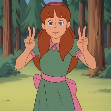 Ugly score_9_up, score_8_up, BREAK, Rebecca, 1girl, solo, brown hair, long hair, blue eyes, dress, cowboy shot, <lora:Rebecca_CareBears_PXL_Leaf1:1>, looking at viewer, forest, double v,