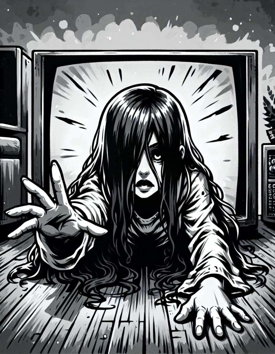score_9, score_8_up, score_7_up, <lora:Clean Sketch (J) style:1> monochrome, yamamura sadako, hair over one eye, looking at viewer, <lora:ThroughScreenPony:0.8> throughscreen, stuck, tv, upper body, reaching reaching towards viewer, in living room, one hand on floor,