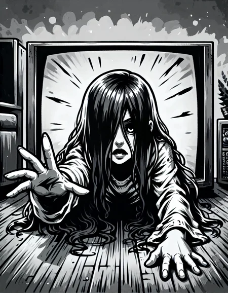 score_9, score_8_up, score_7_up, <lora:Clean Sketch (J) style:1> monochrome, yamamura sadako, hair over one eye, looking at viewer, <lora:ThroughScreenPony:0.8> throughscreen, stuck, tv, upper body, reaching reaching towards viewer, in living room, one hand on floor,