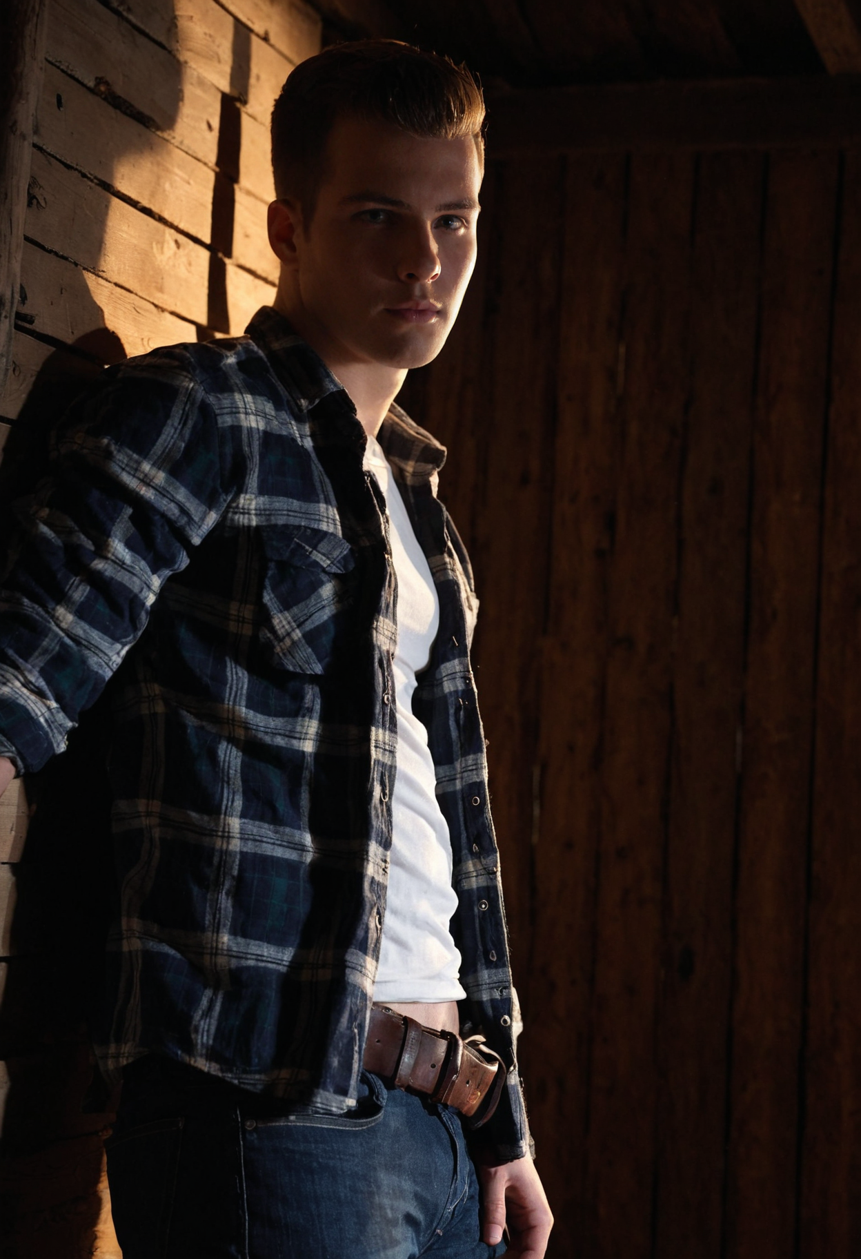 mdjperson <lora:mdj_sdxl_v1-000008:0.8> posing confidently against a wall in a rustic barn, direct gaze, beams of light filtering behind him through wooden slats, wearing an open plaid flannel shirt over a fitted white tee, dark jeans, belt, warm natural lighting, moody shadows, cinematic vibe, shallow depth of field, shot on DSLR, sharp focus, realistic textures, editorial photo style