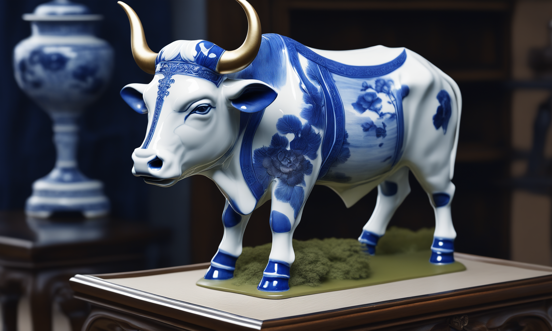 <lora:bwporcelaincd_xl-000007:0.7>, a statue of a ox standing on a table made of (bwporcelaincd_xl, blue and white porcelain, porcelain:1.2, shiny:1.3, solo:1.3) in office, indoors, full body, chinese zodiac, cutie, cute, still life, animal statue, front view, facing viewer, looking at viewer, (Unbelievable Digital Artwork:1.3), CGSociety, ArtStation, master works, 8K,HDR,UHD,masterpiece,best quality,highly detailed,emotional,harmonious,high budget,moody,epic,gorgeous,high resolution,perfect lighting,finely detail,extremely detailed,ultra detailed,realistic,photorealistic,huge filesize,photographic,real,wallpaper,moody lighting,volumetric lighting,reality ray tracing