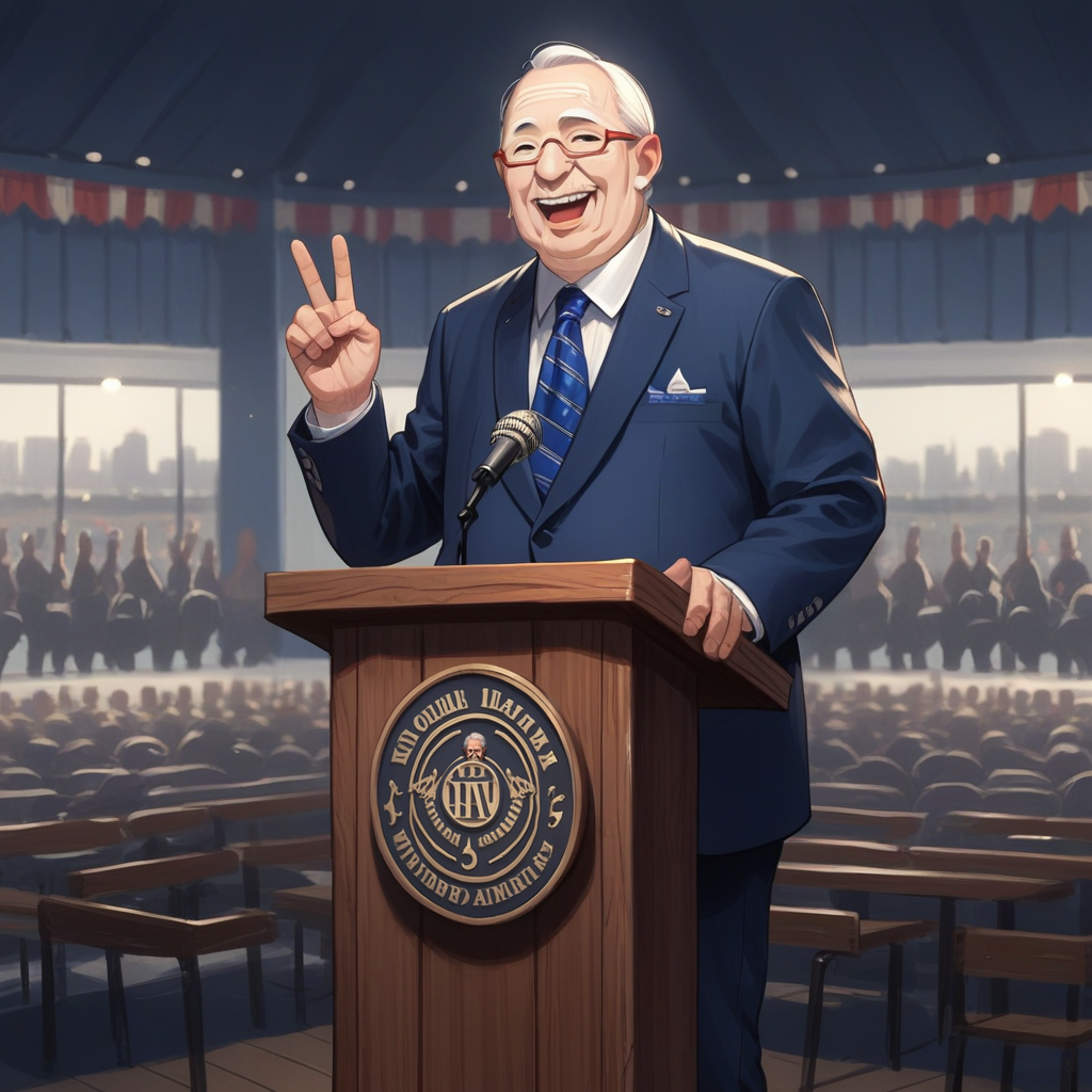 score_9, score_8_up, score_7_up, score_6_up, score_5_up, score_4_up, zPDXL2,source_anime,rating_questionable,  <lora:Podium:0.8> Pod1um, wooden podium, microphone, 1boy, old man, smile, crowd, peace sign, blue suit