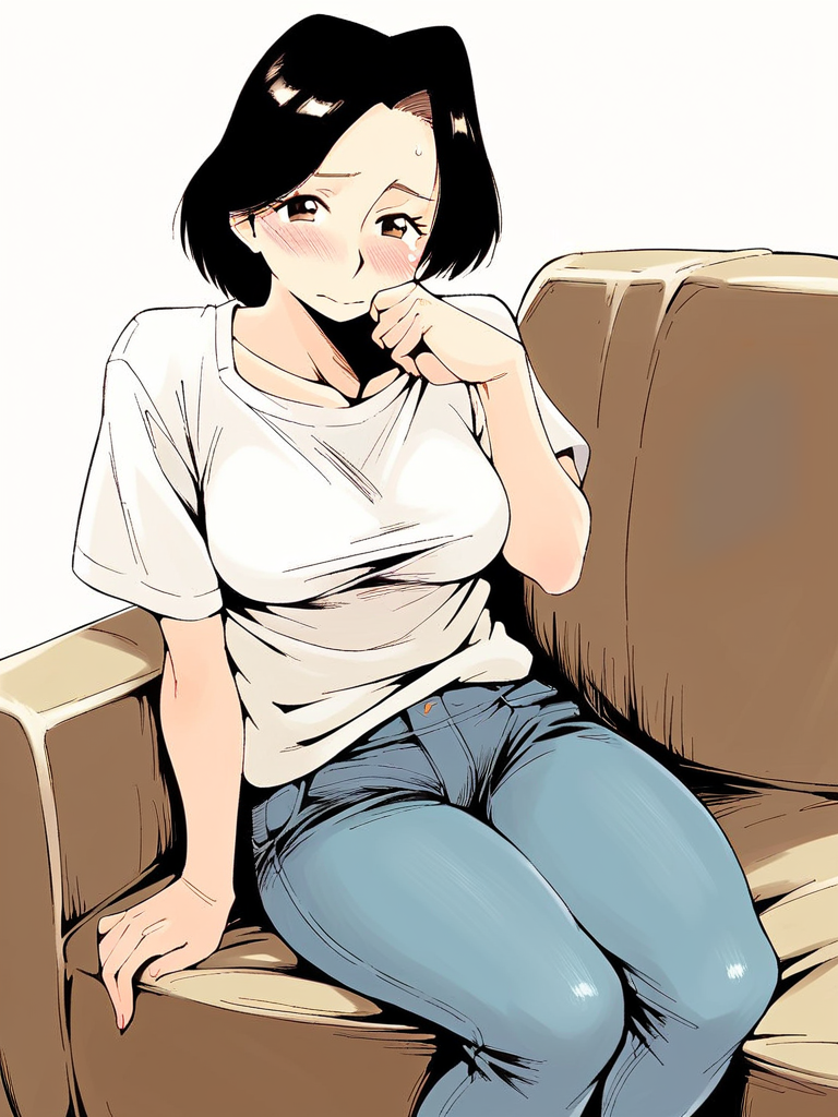 score_9, score_8_up, score_7_up,  
1girl,  okada sakiko, medium hair, parted bangs, black hair, mature female, medium breasts, brown eyes,

jeans, white t-shirt,  
looking at viewer, sitting, couch, hand on own cheek, blush, shy, closed mouth,
solo, white background, 
