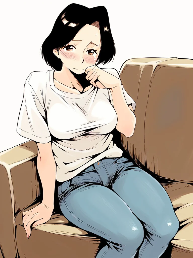 score_9, score_8_up, score_7_up,  
1girl,  okada sakiko, medium hair, parted bangs, black hair, mature female, medium breasts, brown eyes,

jeans, white t-shirt,  
looking at viewer, sitting, couch, hand on own cheek, blush, shy, closed mouth,
solo, white background, 
