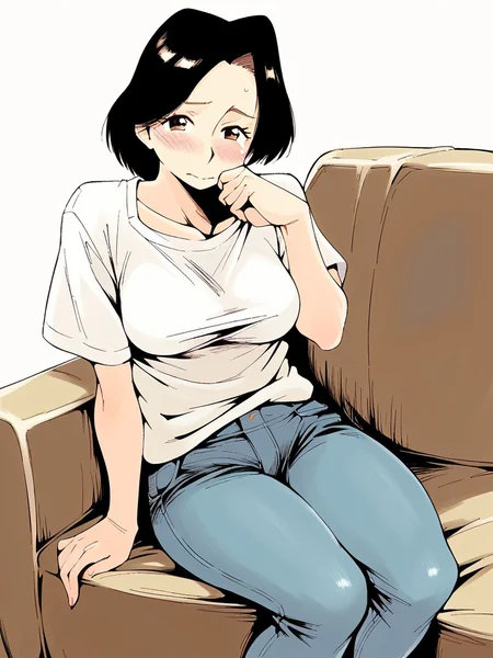 score_9, score_8_up, score_7_up,
1girl, okada sakiko, medium hair, parted bangs, black hair, mature female, medium breasts, brown eyes,
jeans, white t-shirt,
looking at viewer, sitting, couch, hand on own cheek, blush, shy, closed mouth,
solo, white background,