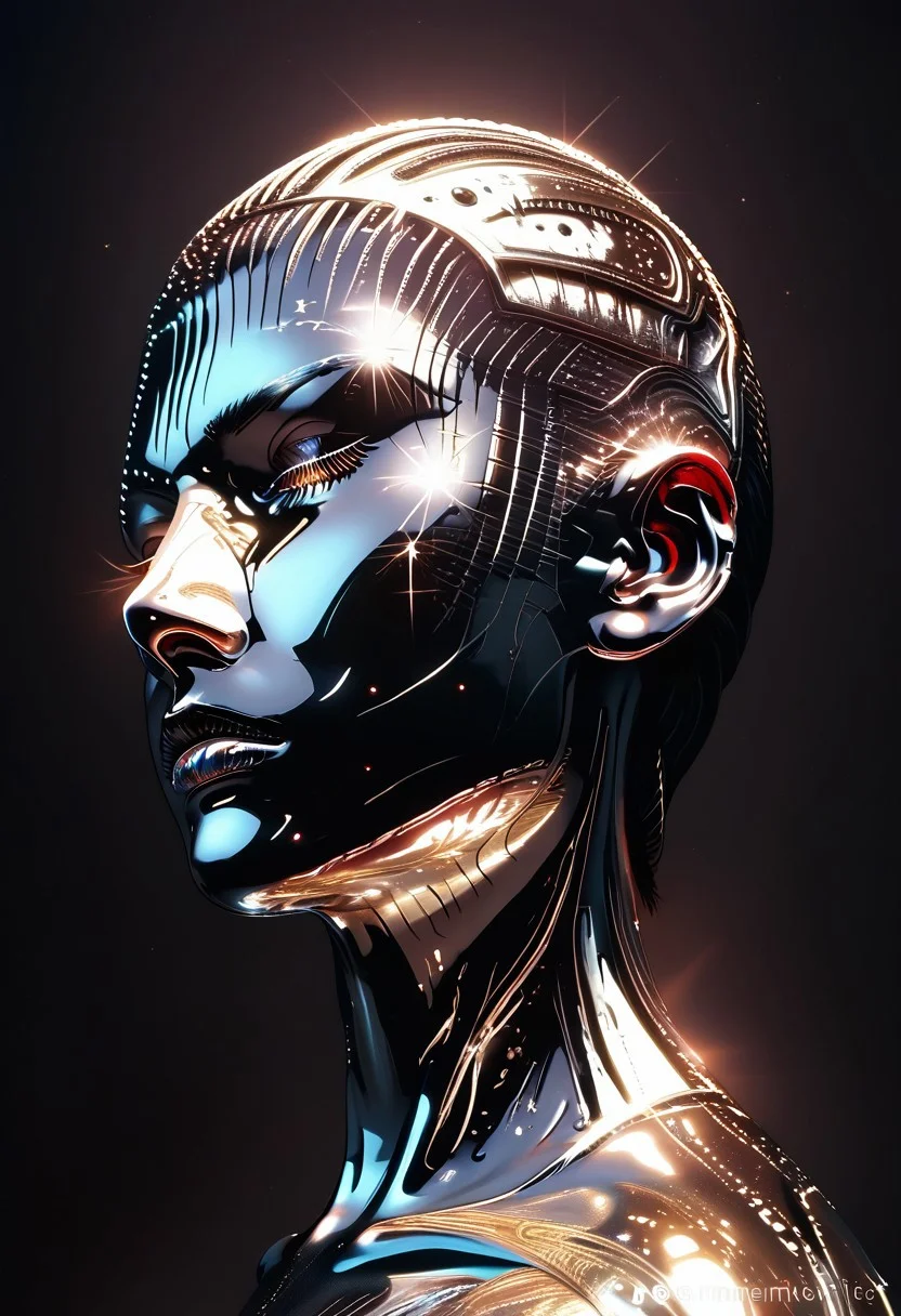 semi-realistic anime portrait, side view, expressionless, chrome skin, aesthetic gymnastic pose, Herculese aesthetic pose, flexing bicep, pointing upward, metallic silver skin, chromecore, realistic chrome effects, vibrant glare, polished reflections, sharp light effects, powerful physique, golden sparkling boxer shorts, smooth reflective skin, barefoot, minimal black background, light from above, bright glow, sleek gradients, dynamic interplay, light and shadow, dark fantasy, vibrant intensity, serious, dark vibes, surreal elegance, SinoVixSinExpress, ultra-detail, 8k resolution, intricate textures, cinematic lighting, sharp focus, photorealistic rendering, award-winning composition, fine art quality, epic scale, dynamic highlights.