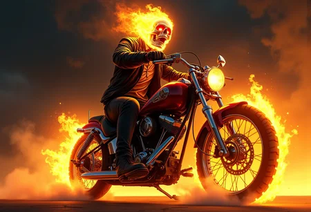 score_9, score_8_up, score_7_up, high detailed, high quality, masterpiece, no text, quality highlights, 8k detail, source_anime, dynamic view, hentai, ultra-detailed, improved
...
1guy, skeleton, Ghost Rider, spirit of vengeance, flaming skeleton face, glowing eyes, skull on fire, mouth open screaming, surrounded by smoke and fire, expressiveh,
...
Wearing leather jacket with (metal spikes) , riding motorcycle, TWDDDBike, wheels on fire, flaming tires, spinning wheels, motion blurring wheels, no kickstand.
...
Zoomed out, image in the style of fantasy art with cinematic lighting and yellow tones. Volumetric light on a dark background. Masterpiece, best quality, highly detailed, sharp focus, dynamic lighting, low angle