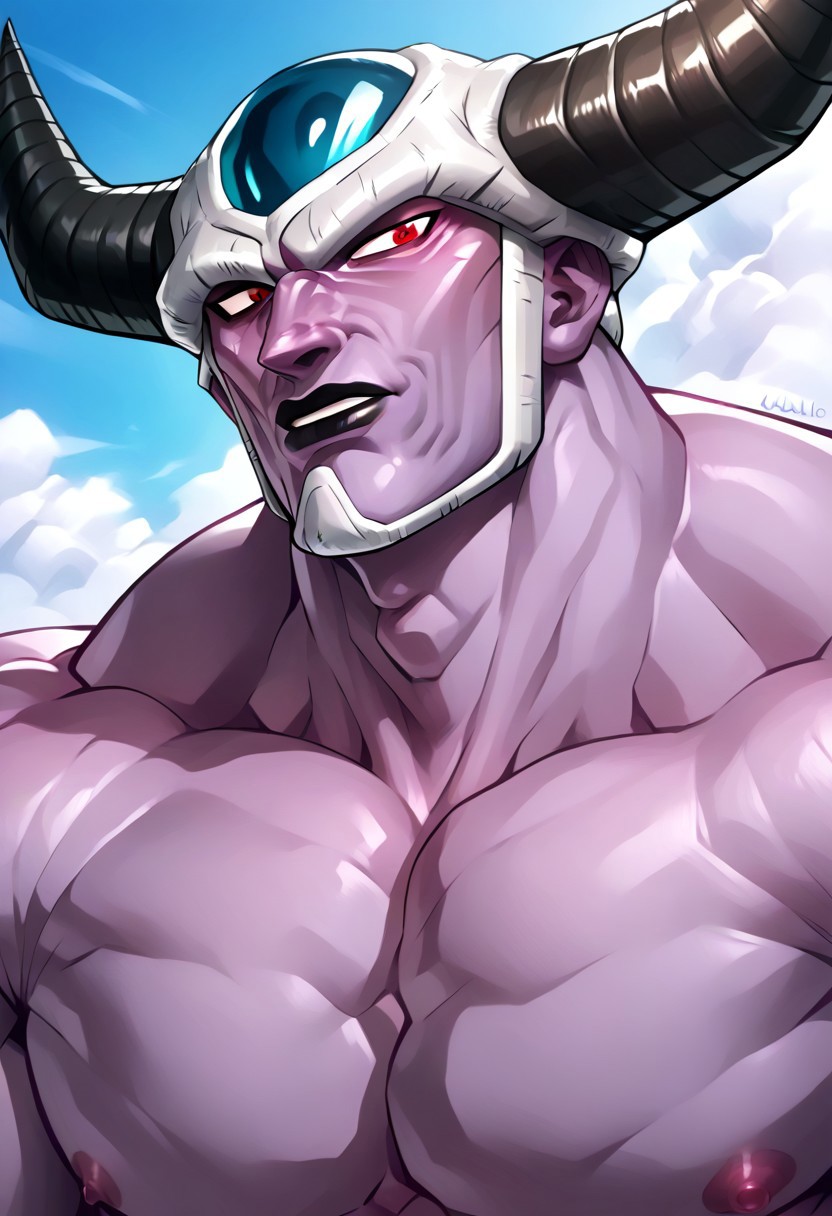 score_9, score_8_up, score_7_up, source_anime, 1boy, solo, portrait, dbz_king_cold, horns, purple skin, muscular, huge pecs, black lips, looking to viewer, face focus, calm, nude, red eyes,
