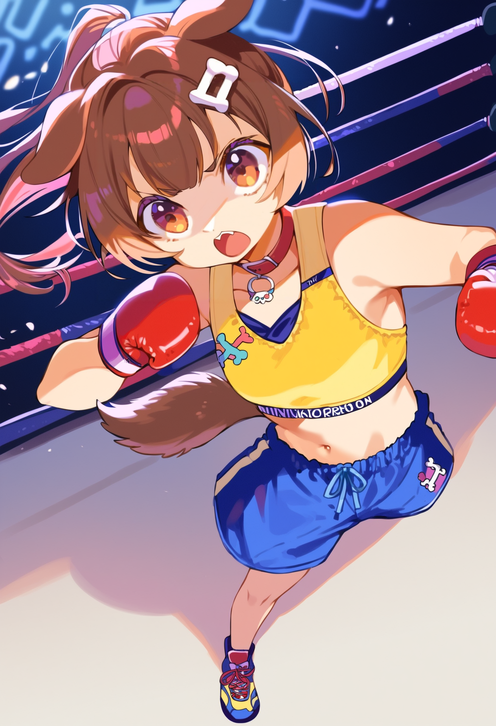 score_9, score_8_up, score_7_up, score_6_up, source anime,
<lora:inugami_korone_v1:1>  1girl, bone hair ornament, solo, dog girl, dog tail,
inugami korone boxing, yellow sports bra, red collar, standing, blue shorts, ponytail, navel, midriff,  
full body, open mouth, kicking, fighting stance, from above, cute,
boxing ring, indoors
