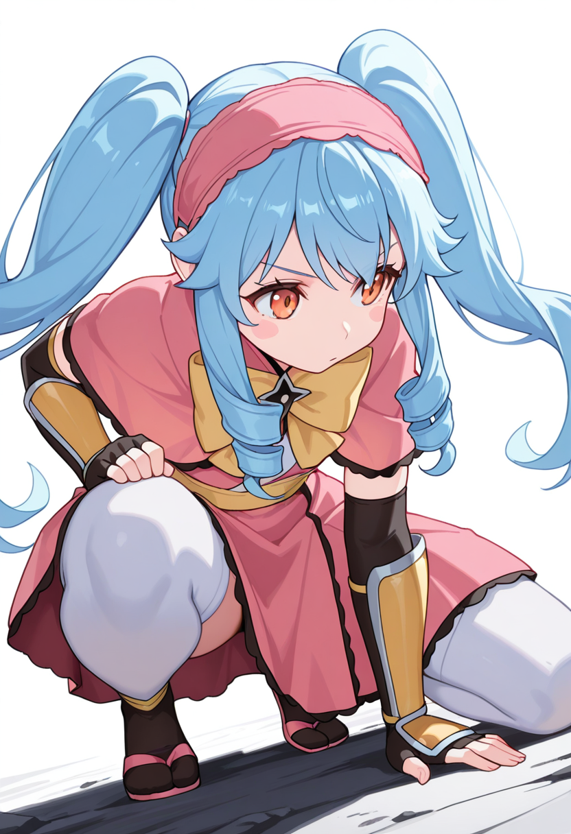 masterpiece,high quality details, absurdres, 
crouching, one hand on ground, other on knee, intense gaze, balanced stance,  ,
 <lora:Michiru_Kusagakure:0.8>
michiru_cnr, 1girl, blue hair, long hair, twintails, drill hair, sidelocks, orange eyes, blush stickers,
long dress, pink capelet,fingerless gloves, elbow gloves, white thighhighs, hairband, yellow bow,yelow armlet, ninja,, uwu,, simple background, white background, dynamic angle,solo,
