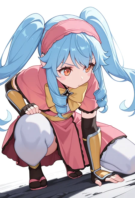 masterpiece,high quality details, absurdres,
crouching, one hand on ground, other on knee, intense gaze, balanced stance, ,
<lora:Michiru_Kusagakure:0.8>
michiru_cnr, 1girl, blue hair, long hair, twintails, drill hair, sidelocks, orange eyes, blush stickers,
long dress, pink capelet,fingerless gloves, elbow gloves, white thighhighs, hairband, yellow bow,yelow armlet, ninja,, uwu,, simple background, white background, dynamic angle,solo,