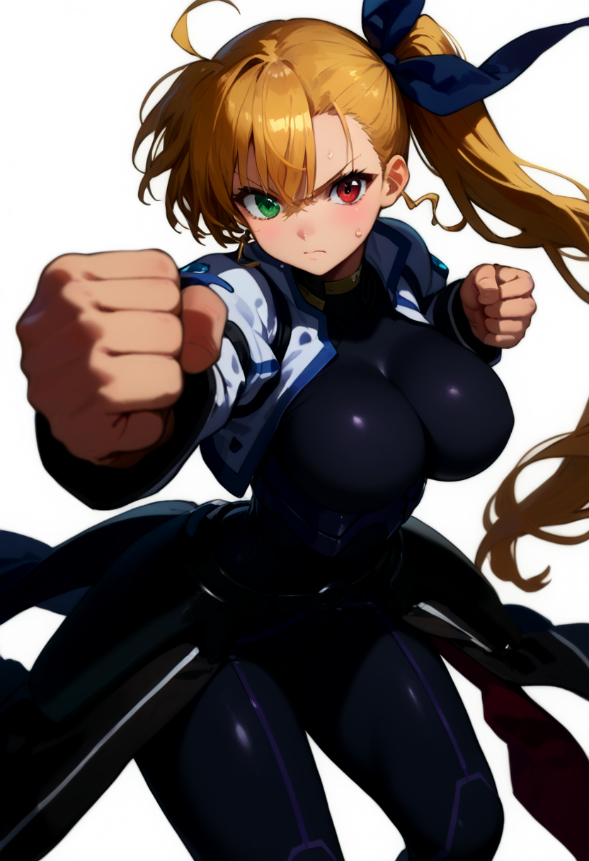 score_9, score_8_up, score_7_up, score_6_up, score_5_up, source_anime,
1girl, solo,
<lora:vivio:1> vivio, blonde hair, side ponytail,  heterochromia, green eyes, red eyes, bodysuit, aged up, jacket,hair ribbon, blue ribbon
 shiny skin, sweat, huge breasts, covered abs, (forward leaning posture, big ass, fist up:1.5), white background,