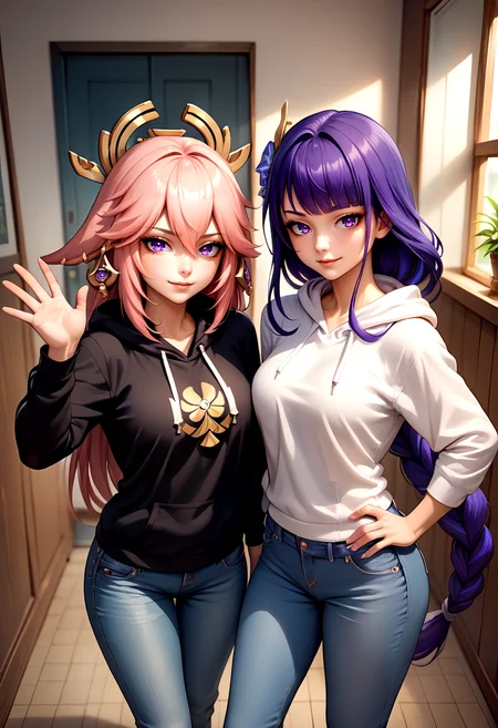 score_9, score_8_up,score_7_up, source_anime, indoors, standing, cowboy shot, 2girls, seductive smile, from above, hoodie, jeans, looking at viewer,
BREAK yae miko, black hoodie, waving,
BREAK raiden shogun, white hoodie, hand on hip,
