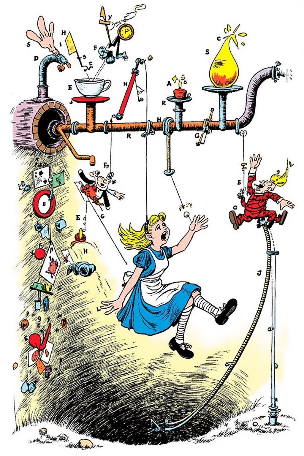 rugo1 illustration.
Overhead view of Alice in Wonderland falling into the rabbit hole, with her legs dangling beneath her. She is looking upward, her face filled with shock and terror as she screams. Her blue dress and white apron billow out around her as she tumbles, while her striped stockings and black shoes are visible below. The rabbit hole is a swirling, chaotic contraption, a pipes, tubes, mix of vibrant colors, playing cards, teacups, and other Wonderland objects floating around her. Soft glowing light emanates from the tunnel walls, adding an eerie, fantastical feel to the scene. The sense of motion and fear is palpable as Alice falls deeper into the unknown. The background is stark white.
 <lora:rugo1_cap_d6a3e11:1.0><lora:828834143296243256:0>
