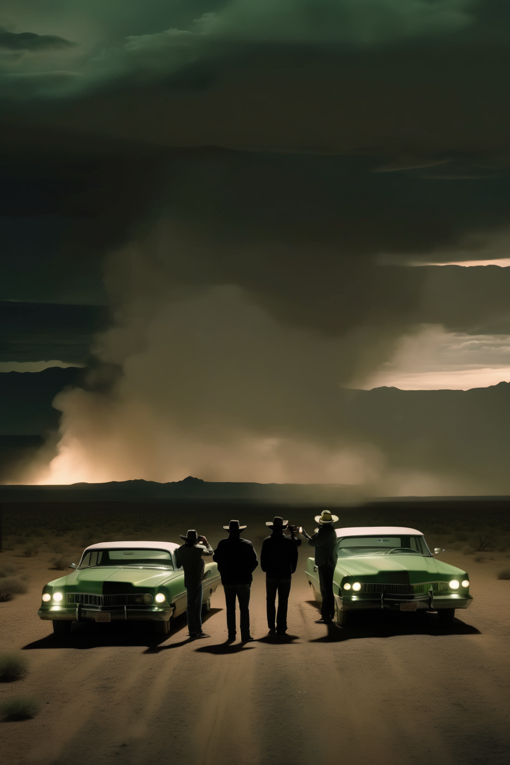 <lora:Roger Deakins Style:1>Roger Deakins Style - a man is taking a picture of two people in cars, in the style of softbox lighting, washington color school, light green and black, firecore, dramatic skies, groundcore, melds mexican and american cultures